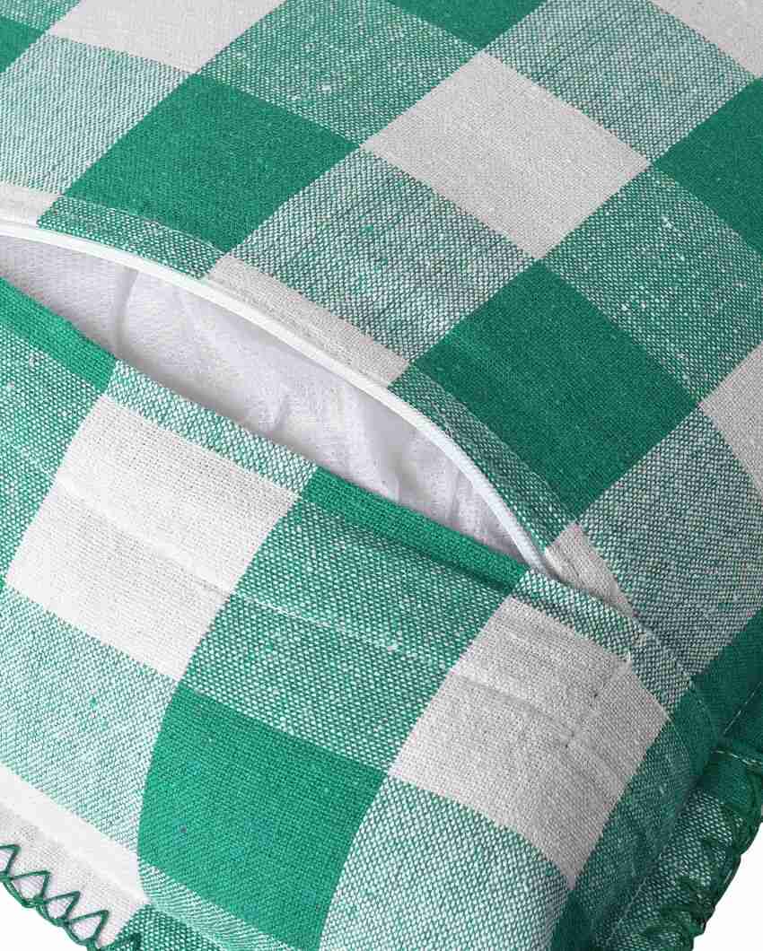 Stitch Green Check Cotton Square Cushion Covers | Set Of 2 | 24 x 24 inches