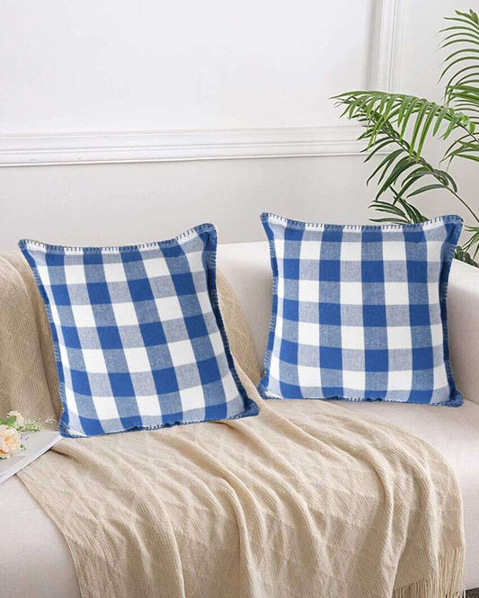 Big Checks Square Blanket Stitch Cotton Cushion Covers  | Multiple Colors | Set Of 2 | 24 X 24 inches