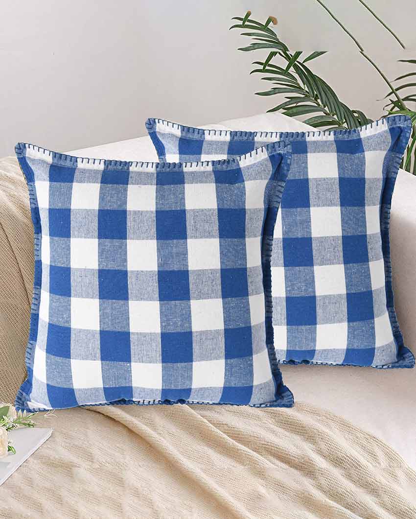 Big Checks Square Blanket Stitch Cotton Cushion Covers  | Multiple Colors | Set Of 2 | 24 X 24 inches