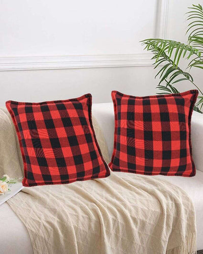 Red & Black Check Blanket Stitch Cotton Cushion Covers | Set Of 2 | 24 X 24 inches