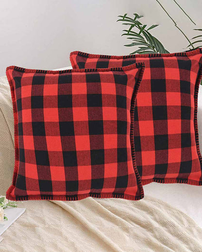 Red & Black Check Blanket Stitch Cotton Cushion Covers | Set Of 2 | 24 X 24 inches