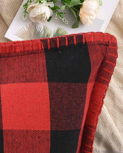 Red & Black Check Blanket Stitch Cotton Cushion Covers | Set Of 2 | 24 X 24 inches