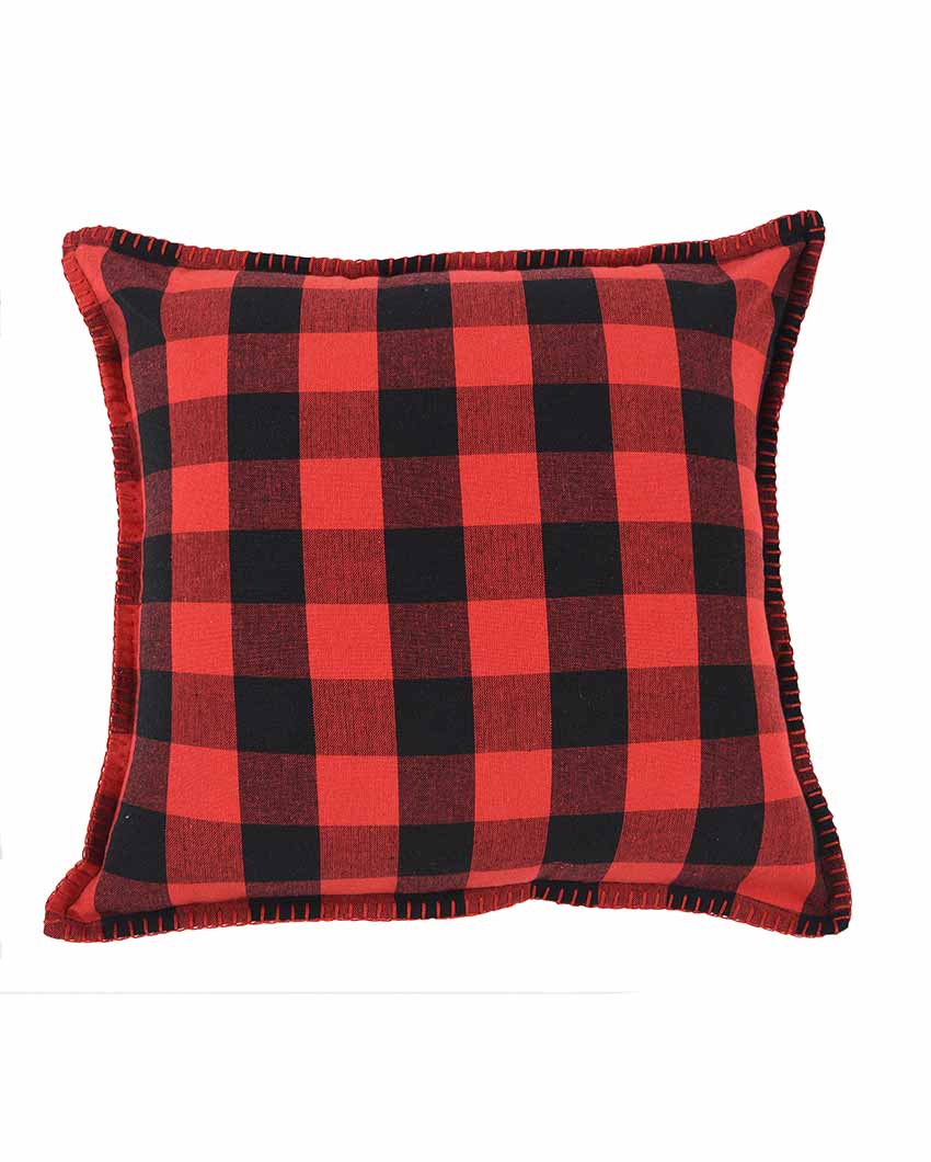 Red & Black Check Blanket Stitch Cotton Cushion Covers | Set Of 2 | 24 X 24 inches