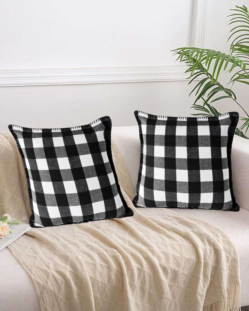 Big Checks Square Blanket Stitch Cotton Cushion Covers  | Multiple Colors | Set Of 2 | 24 X 24 inches