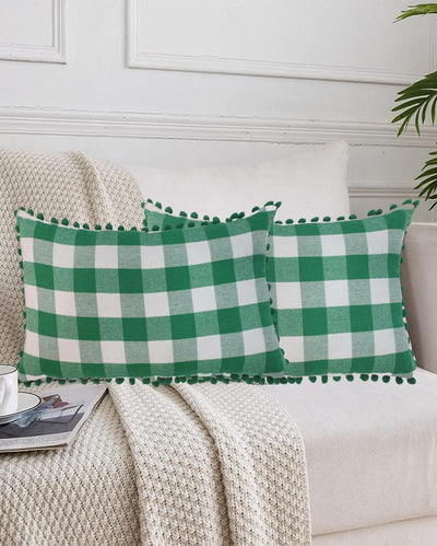 Pom Pom Rectangle Cotton Cushion Covers | Set of 2 | 12 x 20 inches