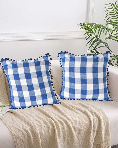 Pom Pom Checks Cotton Cushion Covers | Set of 2 | 16 x 16 inches