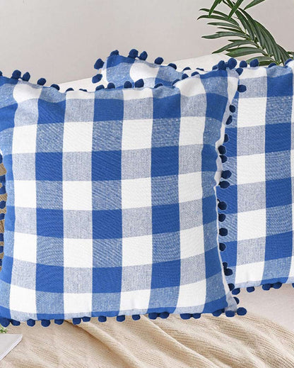 Pom Pom Checks Cotton Cushion Covers | Set of 2 | 16 x 16 inches