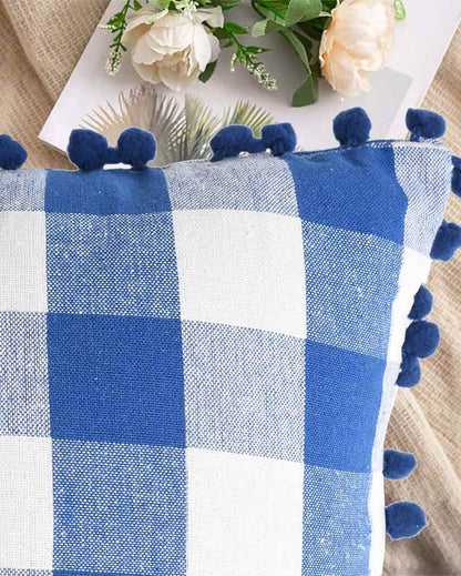 Pom Pom Checks Cotton Cushion Covers | Set of 2 | 16 x 16 inches