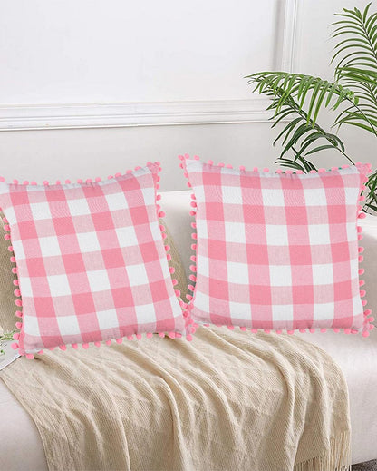 Pom Pom Checks Cotton Cushion Covers | Set of 2 | 16 x 16 inches