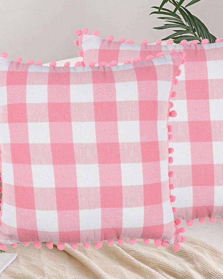 Pom Pom Checks Cotton Cushion Covers | Set of 2 | 16 x 16 inches