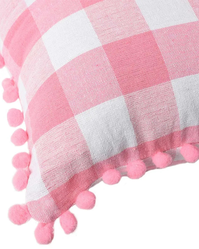 Pom Pom Checks Cotton Cushion Covers | Set of 2 | 16 x 16 inches