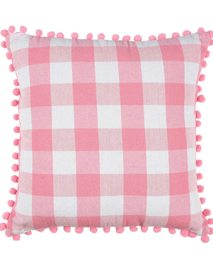 Pom Pom Checks Cotton Cushion Covers | Set of 2 | 16 x 16 inches