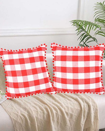 Pom Pom Checks Cotton Cushion Covers | Set of 2 | 16 x 16 inches