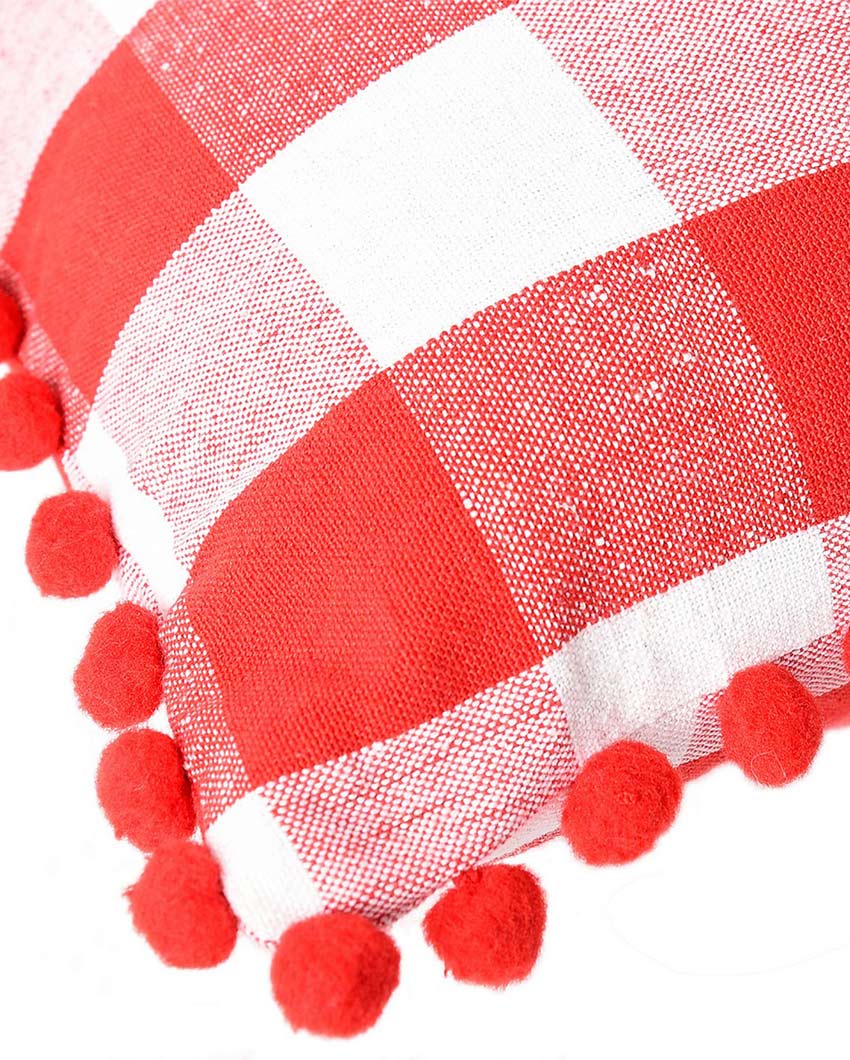 Pom Pom Checks Cotton Cushion Covers | Set of 2 | 16 x 16 inches