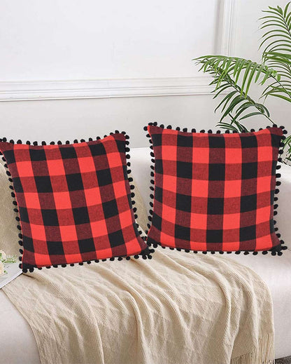 Pom Pom Checks Cotton Cushion Covers | Set of 2 | 16 x 16 inches