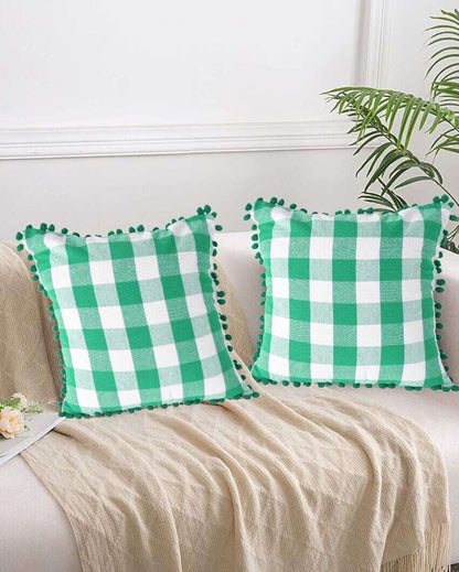 Timeless Cotton Square Cushion Covers With Pom Pom  | Multiple Colors  | Set Of 2 | 18 x 18 inches