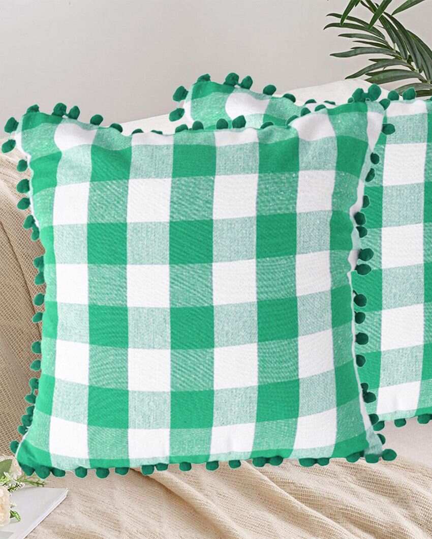 Timeless Cotton Square Cushion Covers With Pom Pom  | Multiple Colors  | Set Of 2 | 18 x 18 inches