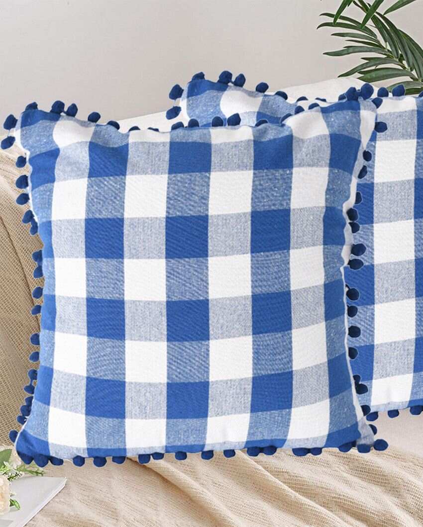 Timeless Cotton Square Cushion Covers With Pom Pom  | Multiple Colors  | Set Of 2 | 18 x 18 inches