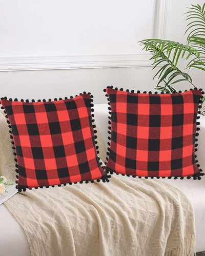 Modern Cotton Square Cushion Covers With Pom Pom  | Set Of 2 | 18 x 18 inches