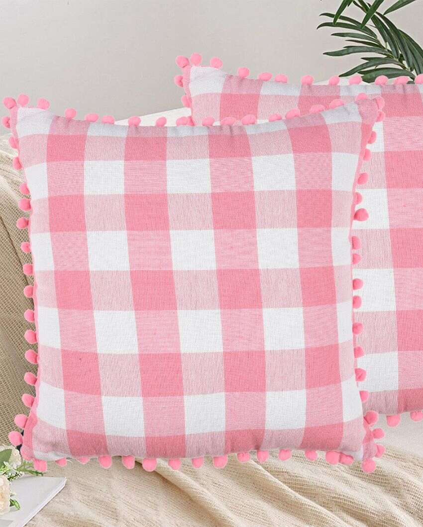 Timeless Cotton Square Cushion Covers With Pom Pom  | Multiple Colors  | Set Of 2 | 18 x 18 inches