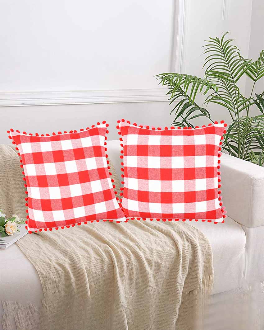 Timeless Cotton Square Cushion Covers With Pom Pom  | Multiple Colors  | Set Of 2 | 18 x 18 inches