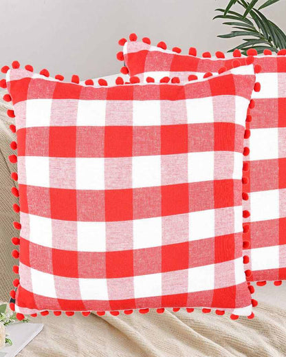 Timeless Cotton Square Cushion Covers With Pom Pom  | Multiple Colors  | Set Of 2 | 18 x 18 inches