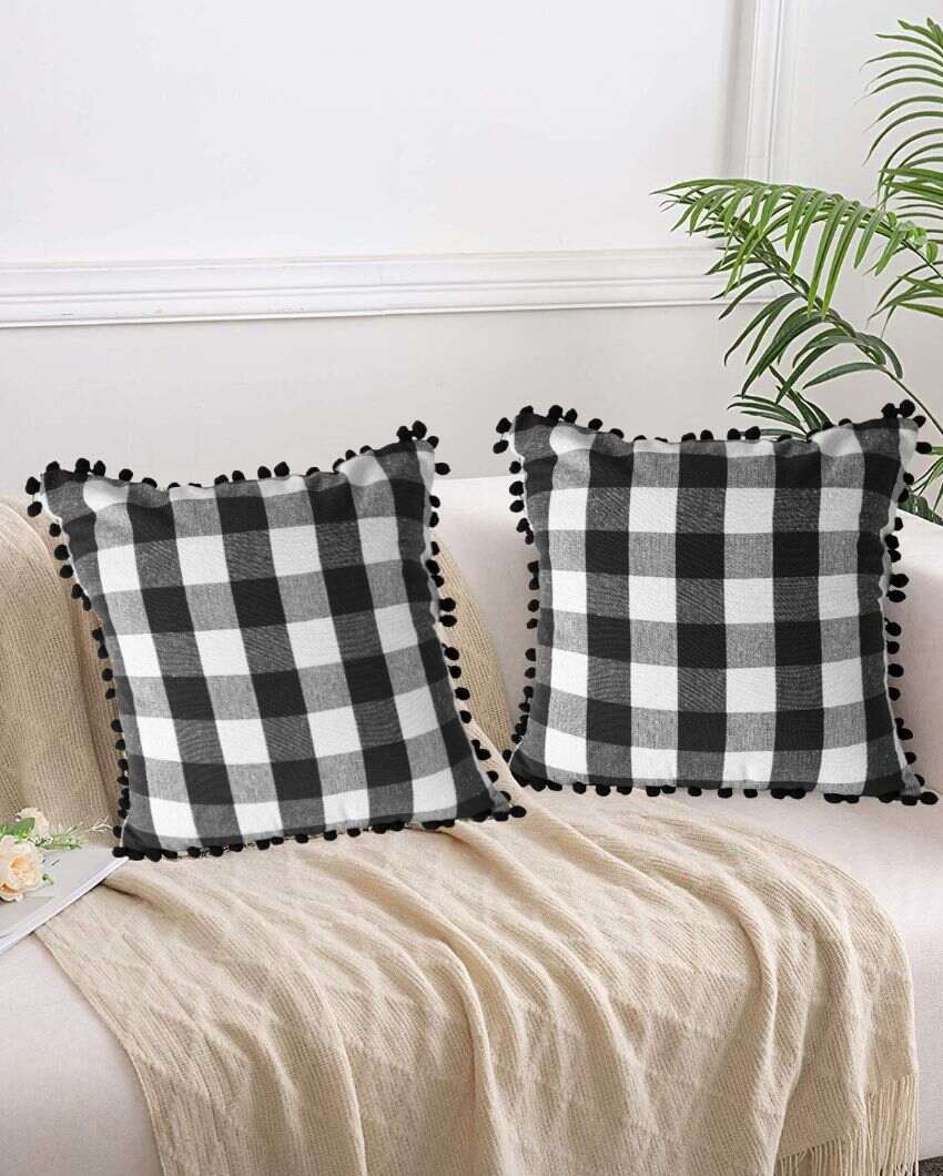 Timeless Cotton Square Cushion Covers With Pom Pom  | Multiple Colors  | Set Of 2 | 18 x 18 inches