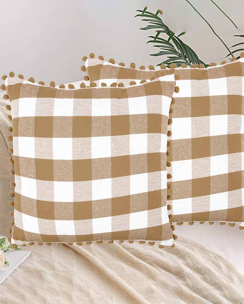 Traditional Square Cotton Cushion Covers With Pom Pom | Set Of 2 | 18 x 18 inches , 20 x 20 inches , 24 x 24 inches