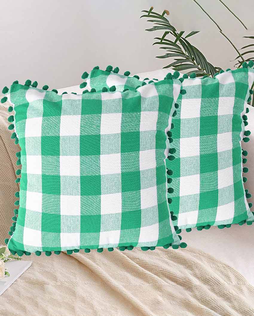 Classic Buffalo Check Pom Pom Cotton Cushion Covers  | Multiple Colors | Set Of 2 | 20 x 20 inches