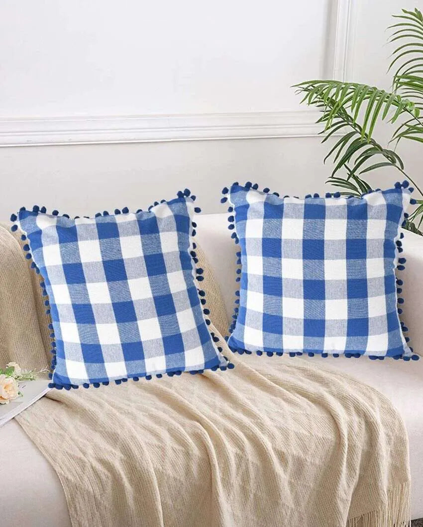 Classic Buffalo Check Pom Pom Cotton Cushion Covers  | Multiple Colors | Set Of 2 | 20 x 20 inches