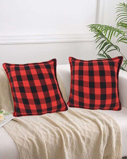 Dual Big Check Cushion Covers With Pom Pom Cotton | Set Of 2 | 20 X 20 inches