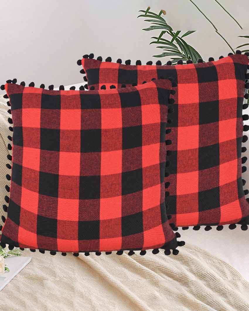 Dual Big Check Cushion Covers With Pom Pom Cotton | Set Of 2 | 20 X 20 inches