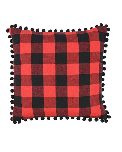 Dual Big Check Cushion Covers With Pom Pom Cotton | Set Of 2 | 20 X 20 inches