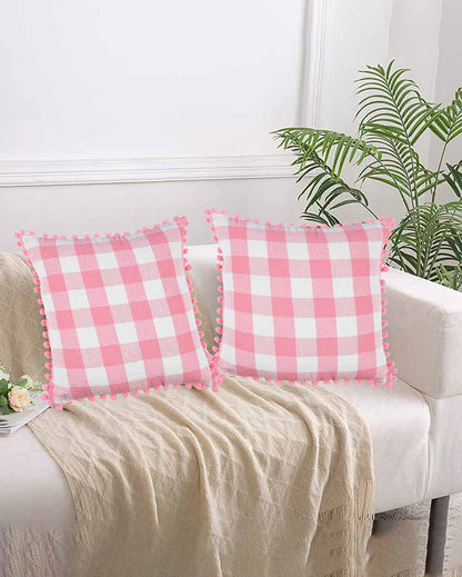 Classic Buffalo Check Pom Pom Cotton Cushion Covers  | Multiple Colors | Set Of 2 | 20 x 20 inches