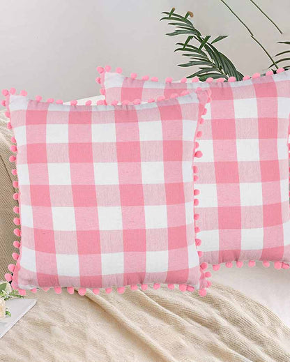 Classic Buffalo Check Pom Pom Cotton Cushion Covers  | Multiple Colors | Set Of 2 | 20 x 20 inches