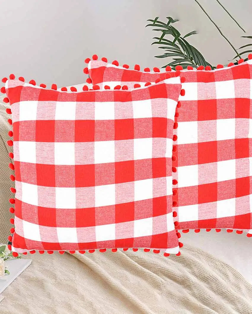 Classic Buffalo Check Pom Pom Cotton Cushion Covers  | Multiple Colors | Set Of 2 | 20 x 20 inches