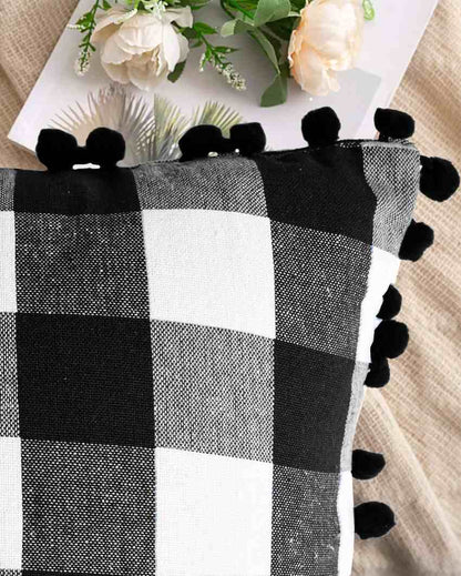 Classic Buffalo Check Pom Pom Cotton Cushion Covers  | Multiple Colors | Set Of 2 | 20 x 20 inches