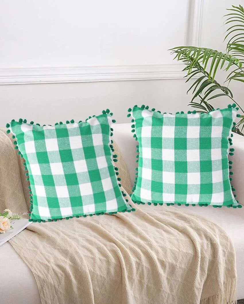 Rustic Check Pom Pom Design Cotton Cushion Covers  | Multiple Colors | Set Of 2 | 24 x 24 inches