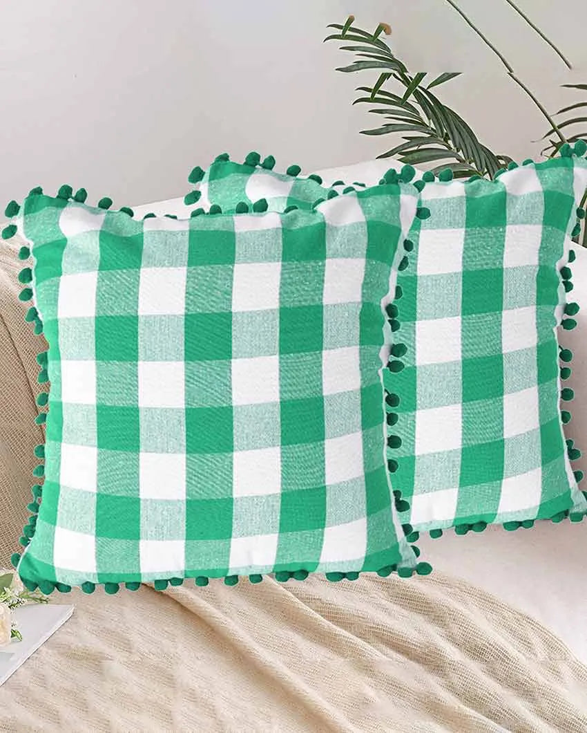 Rustic Check Pom Pom Design Cotton Cushion Covers  | Multiple Colors | Set Of 2 | 24 x 24 inches