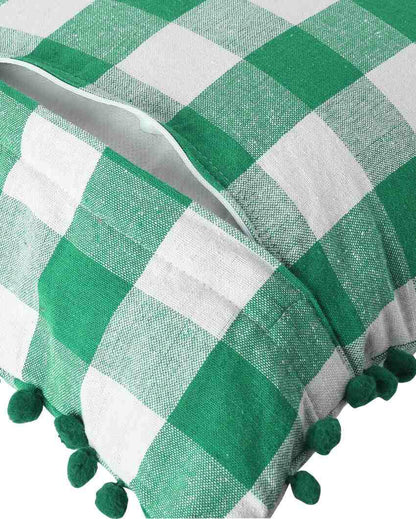 Rustic Check Pom Pom Design Cotton Cushion Covers  | Multiple Colors | Set Of 2 | 24 x 24 inches