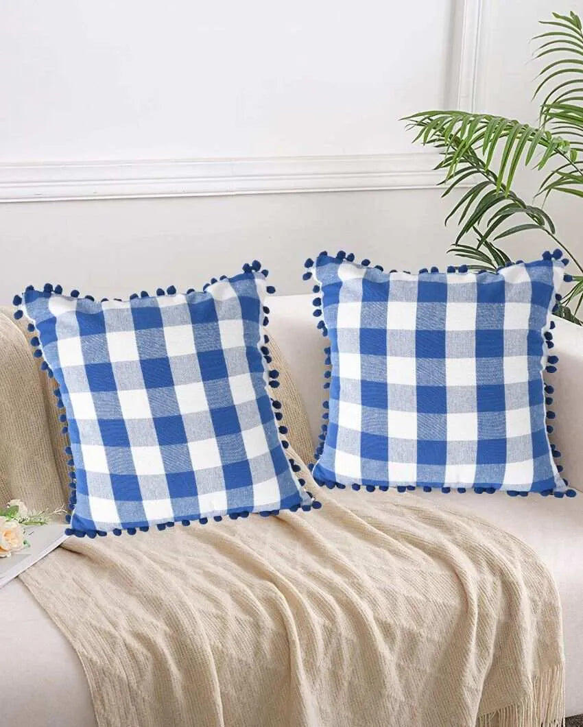 Rustic Check Pom Pom Design Cotton Cushion Covers  | Multiple Colors | Set Of 2 | 24 x 24 inches