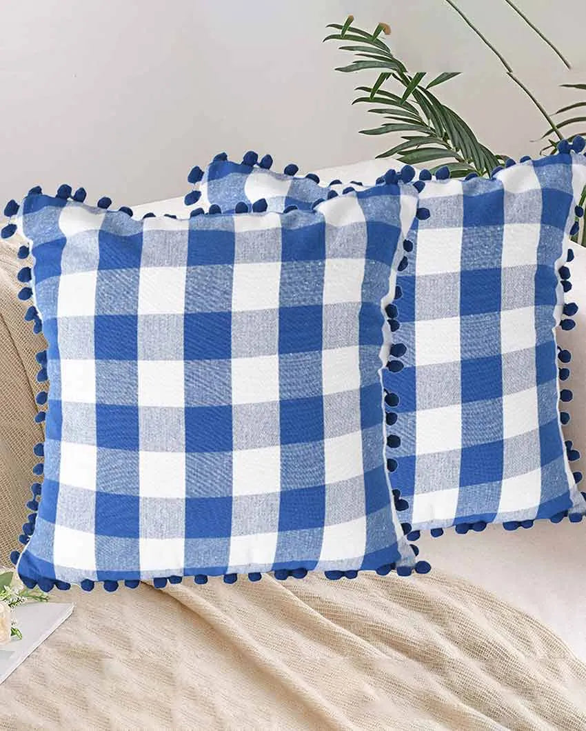 Rustic Check Pom Pom Design Cotton Cushion Covers  | Multiple Colors | Set Of 2 | 24 x 24 inches