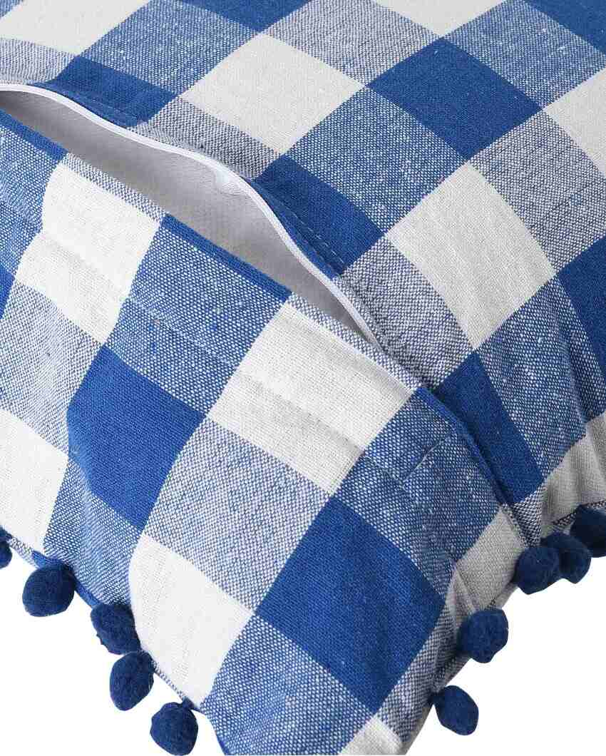 Rustic Check Pom Pom Design Cotton Cushion Covers  | Multiple Colors | Set Of 2 | 24 x 24 inches