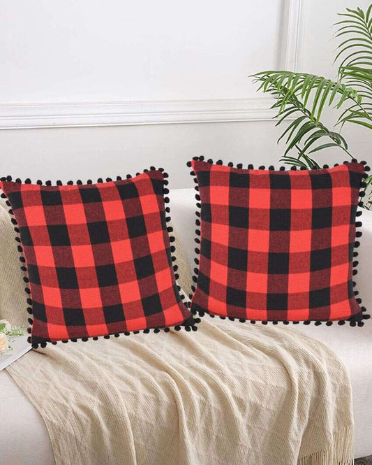 Dual Color Tone Square Check Cotton Cushion Covers With Pom Pom | Set Of 2 | 24 x 24 inches