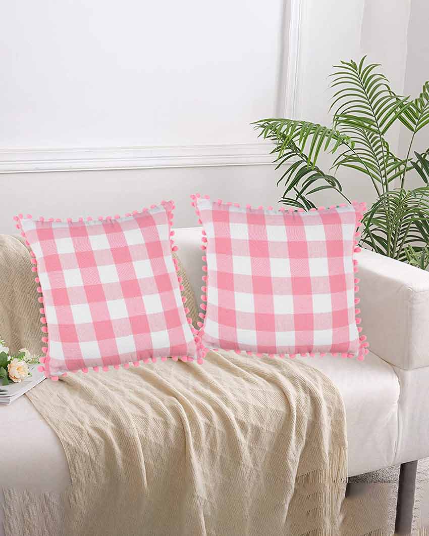 Rustic Check Pom Pom Design Cotton Cushion Covers  | Multiple Colors | Set Of 2 | 24 x 24 inches