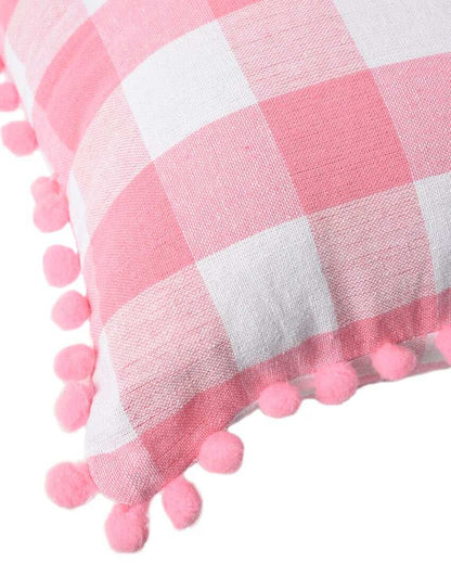 Rustic Check Pom Pom Design Cotton Cushion Covers  | Multiple Colors | Set Of 2 | 24 x 24 inches