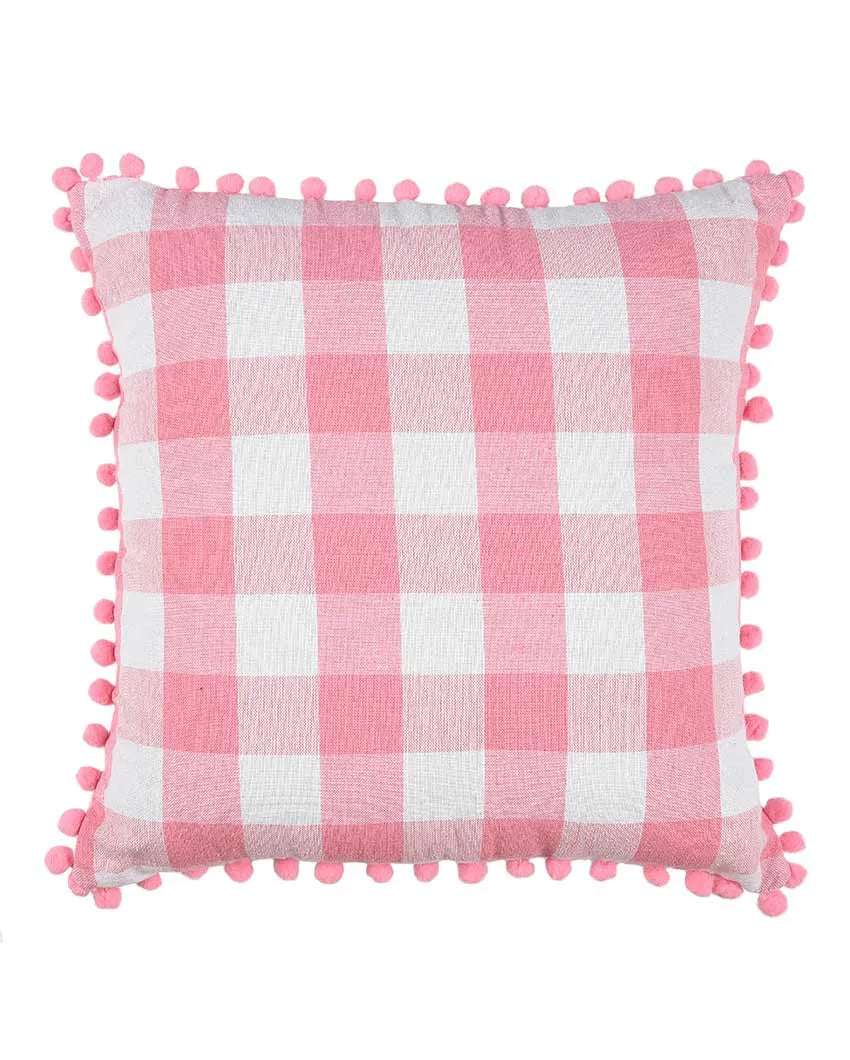 Rustic Check Pom Pom Design Cotton Cushion Covers  | Multiple Colors | Set Of 2 | 24 x 24 inches