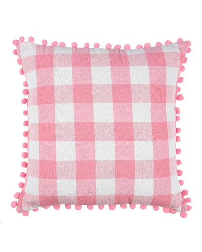 Rustic Check Pom Pom Design Cotton Cushion Covers  | Multiple Colors | Set Of 2 | 24 x 24 inches