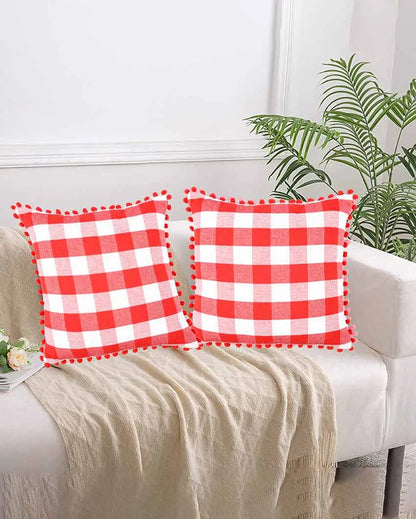 Rustic Check Pom Pom Design Cotton Cushion Covers  | Multiple Colors | Set Of 2 | 24 x 24 inches