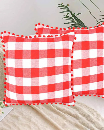 Rustic Check Pom Pom Design Cotton Cushion Covers  | Multiple Colors | Set Of 2 | 24 x 24 inches